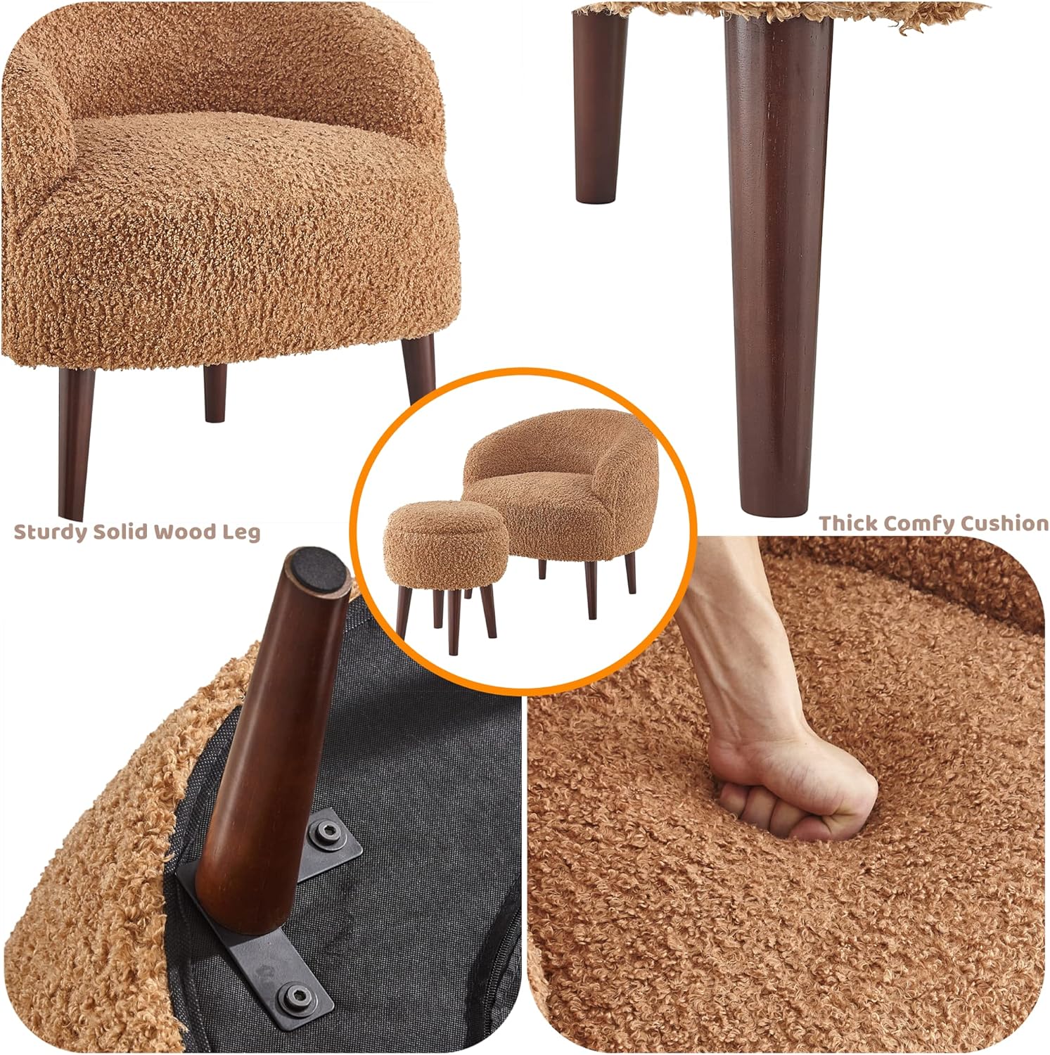 Accent Barrel Chair with Ottoman, Modern Accent Chair with Ottoman Set for Living Room, Armchair with Ottoman for Bedroom (Light Brown)