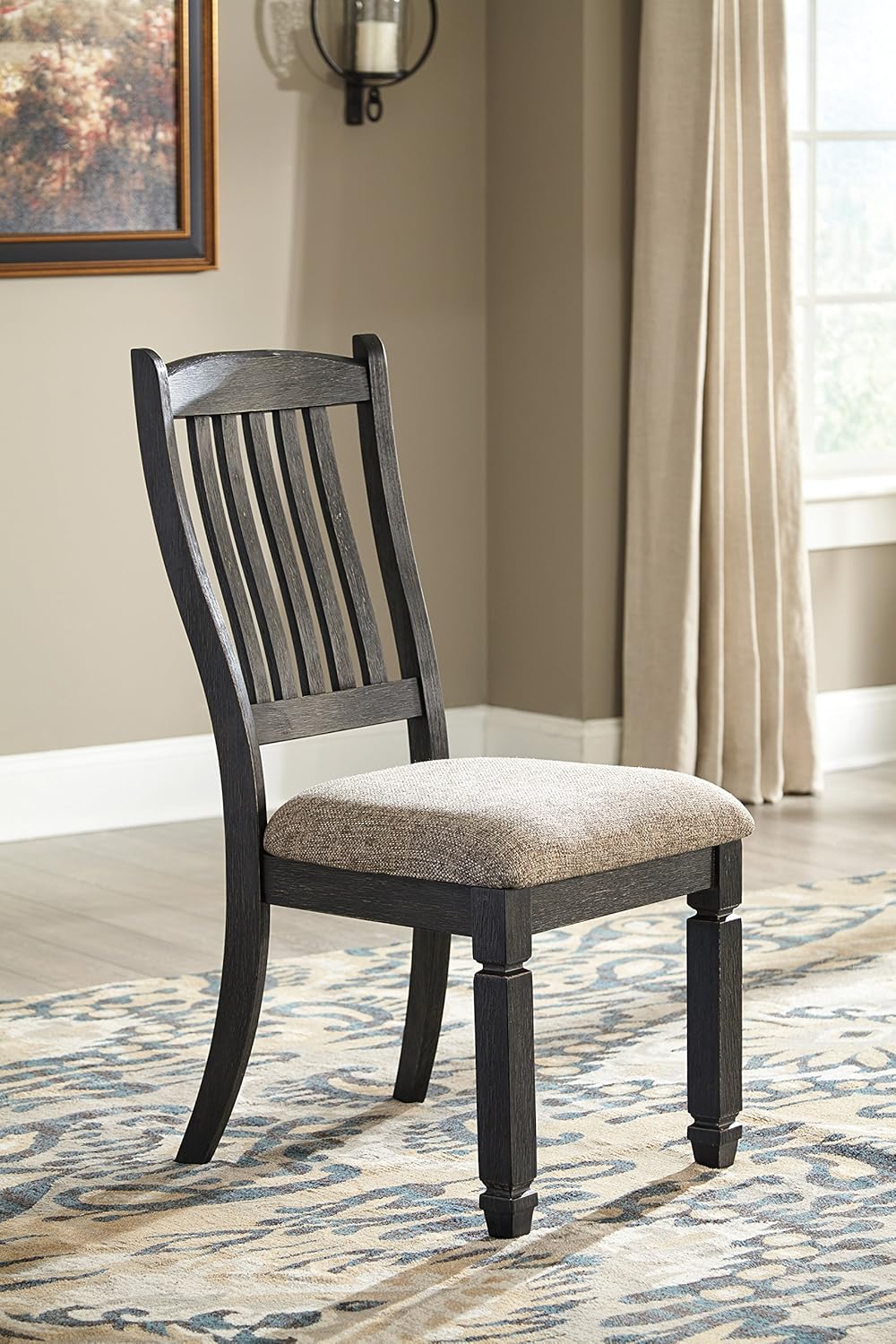 Set of 2 Urban Farmhouse Upholstered Dining Chairs, Black Wood Slat Back Chairs with Cushioned Seat, Textured Finish Solid Wood Kitchen & Dining Room Chairs, Gray Brown Fabric