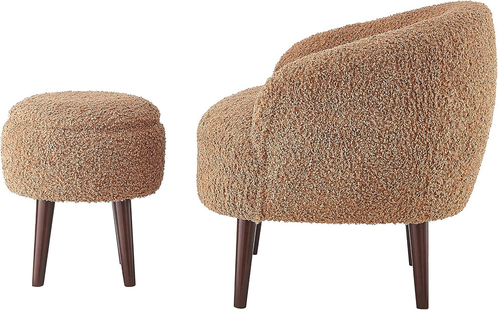 Accent Barrel Chair with Ottoman, Modern Accent Chair with Ottoman Set for Living Room, Armchair with Ottoman for Bedroom (Light Brown)