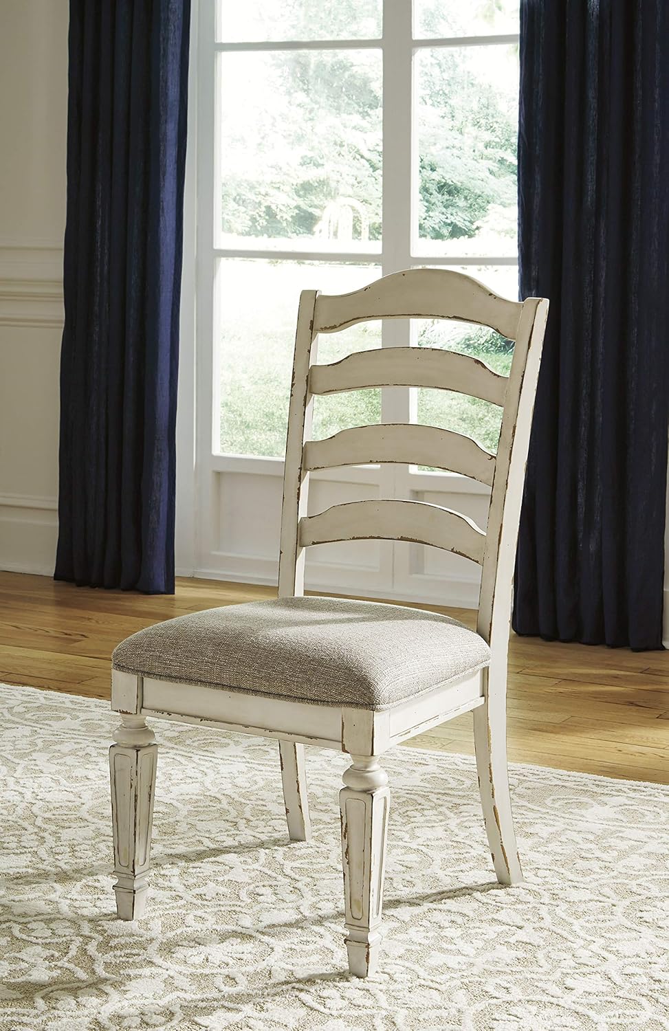 Set of 2 French Country Ladderback Dining Chairs, Distressed White Wood Finish, Upholstered Cushioned Seat, Farmhouse Cottage Kitchen Chairs