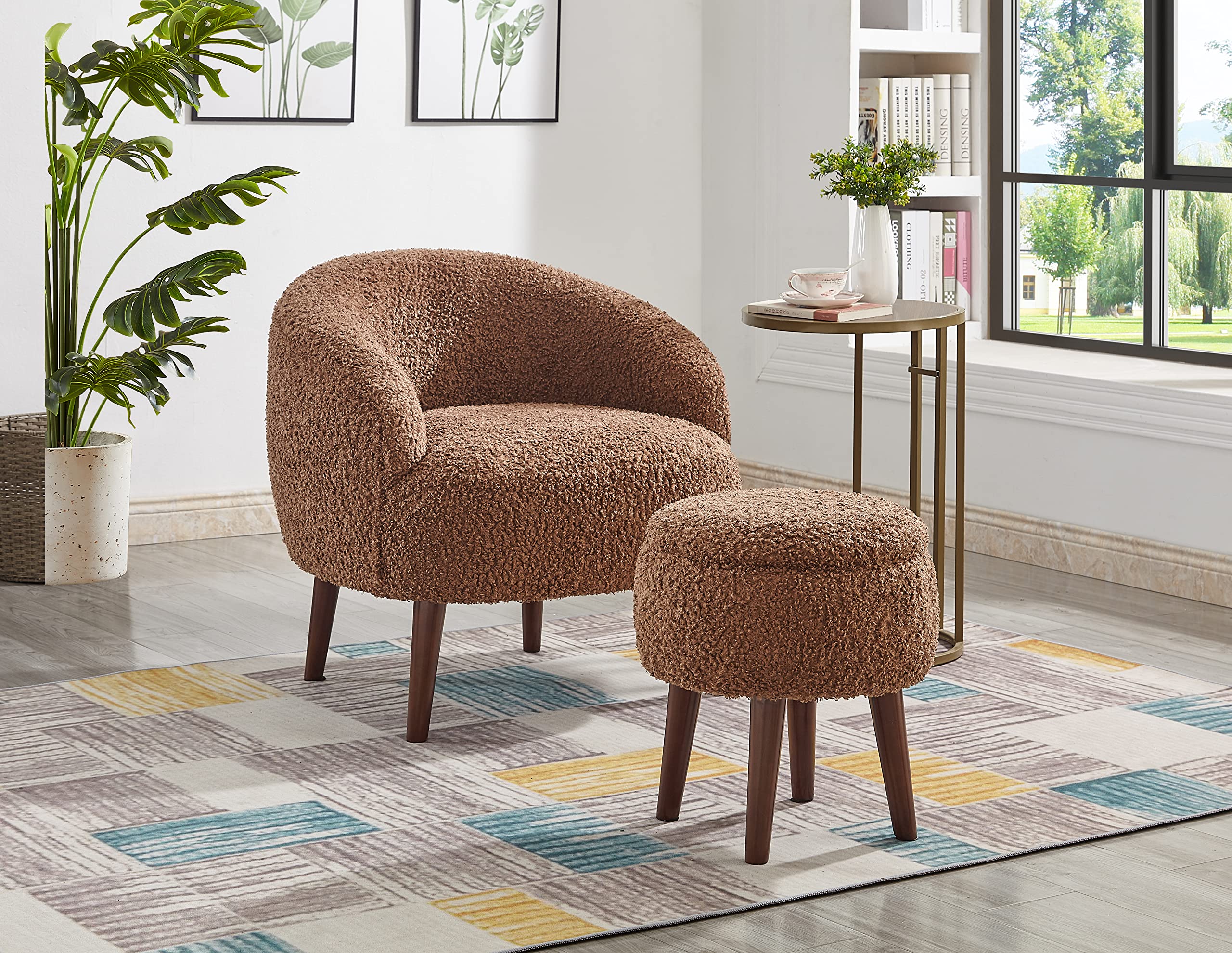 Accent Barrel Chair with Ottoman, Modern Accent Chair with Ottoman Set for Living Room, Armchair with Ottoman for Bedroom (Light Brown)