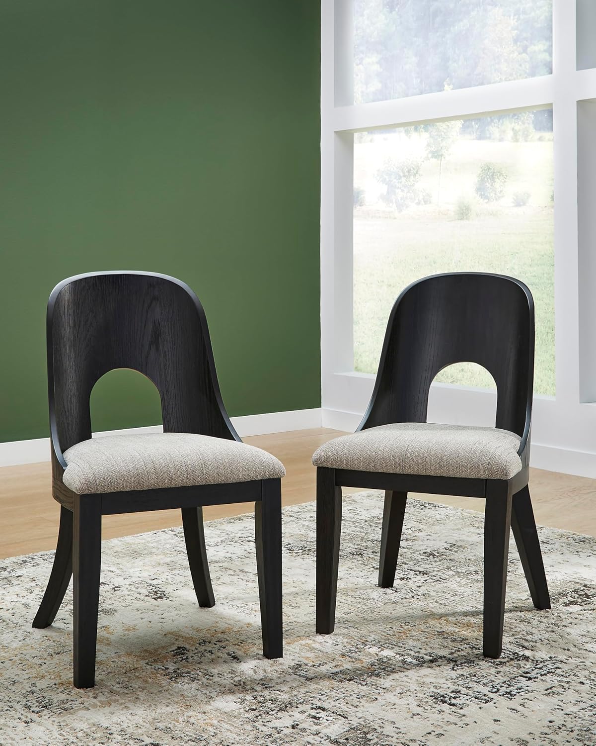 Set of 2 Contemporary Black Dining Chairs, Curved Bent Wood Back, Upholstered Herringbone Fabric Seat, Modern Art Deco Accent Side Chairs for Dining Room Kitchen Living Space
