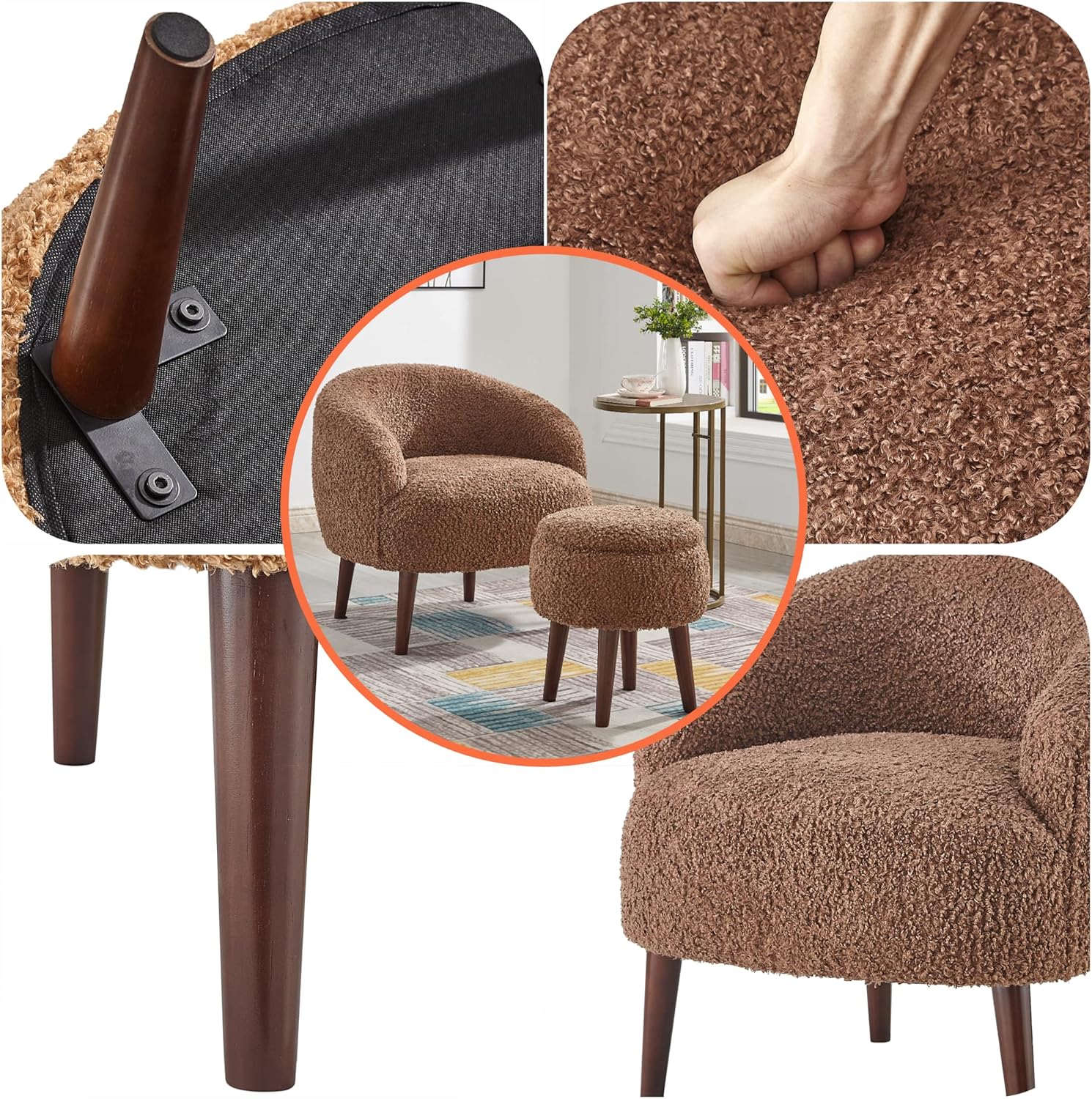 Accent Chair Set, Barrel Chair with Ottoman Set for Living Room, Armchair with Ottoman for Bedroom (Dark Brown)