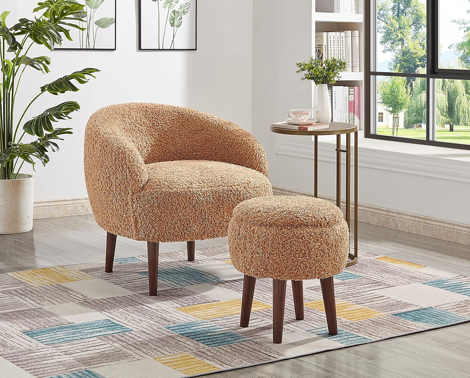 Accent Barrel Chair with Ottoman, Modern Accent Chair with Ottoman Set for Living Room, Armchair with Ottoman for Bedroom (Light Brown)