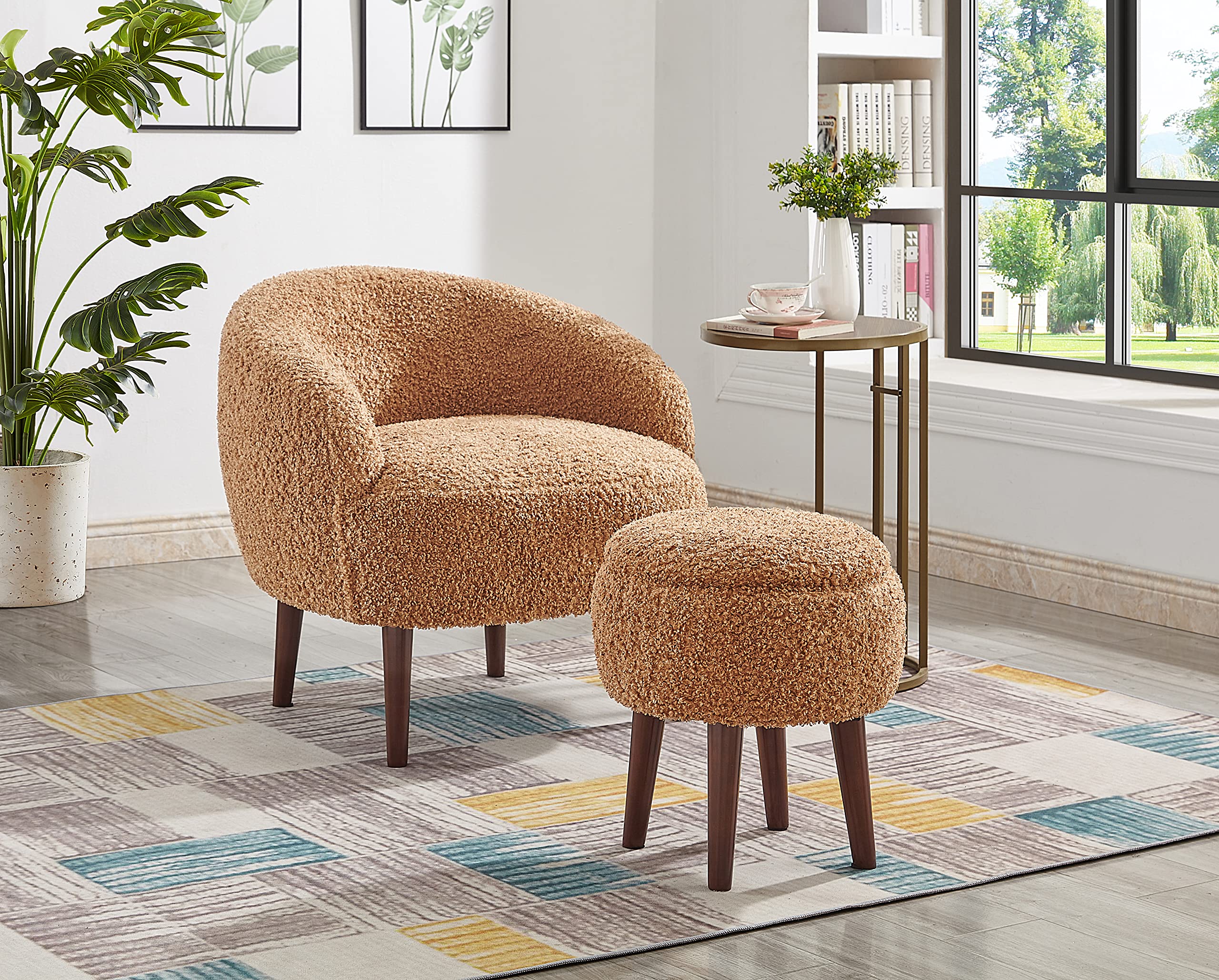 Accent Chair Set, Barrel Chair with Ottoman Set for Living Room, Armchair with Ottoman for Bedroom (Dark Brown)