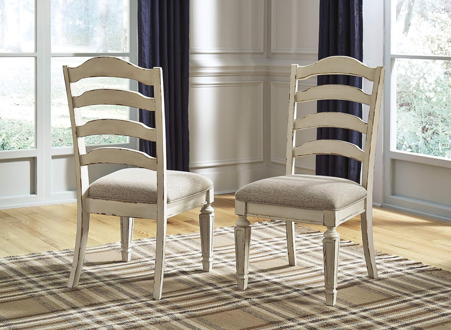 Set of 2 French Country Ladderback Dining Chairs, Distressed White Wood Finish, Upholstered Cushioned Seat, Farmhouse Cottage Kitchen Chairs