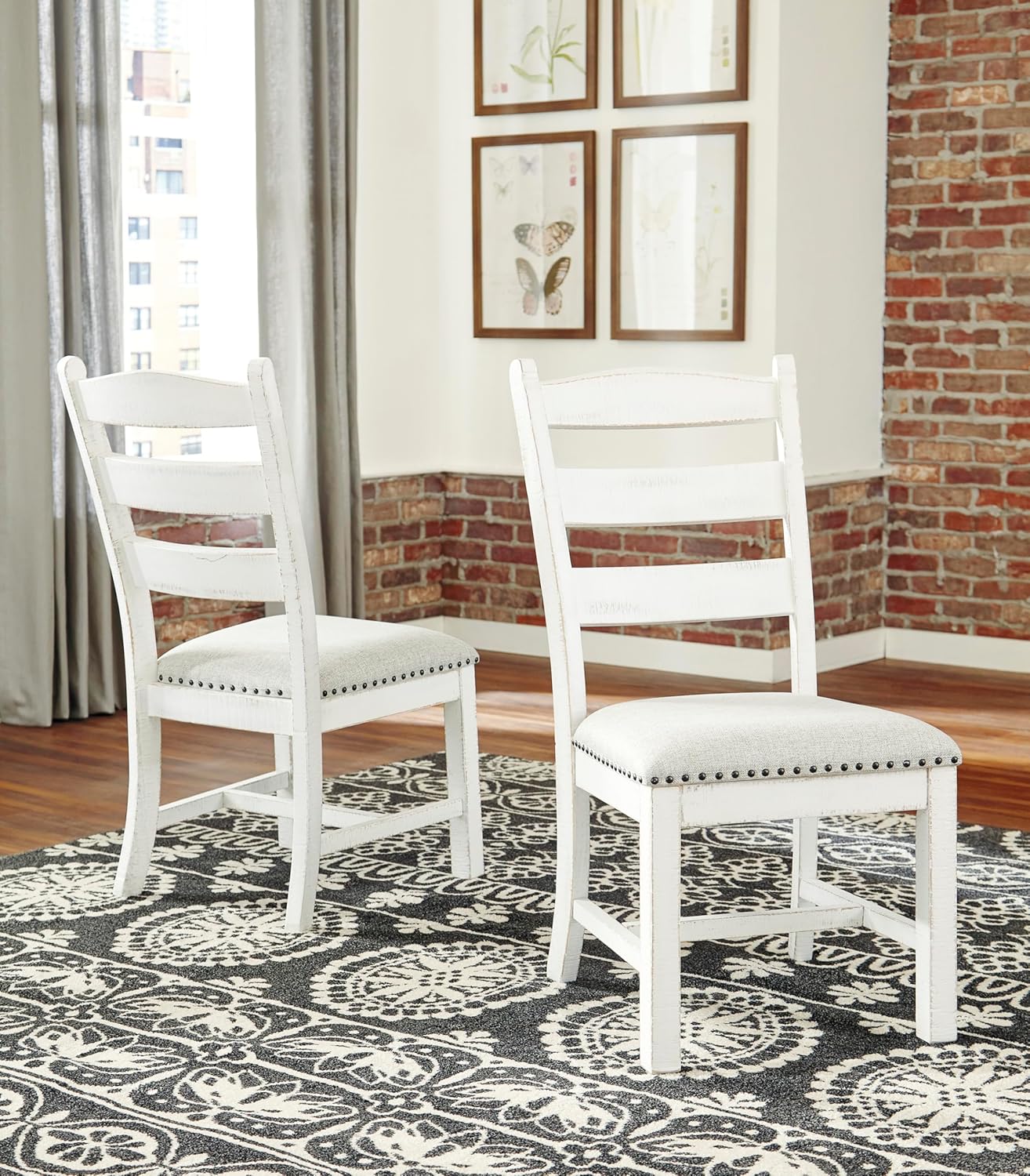 Set of 2 Farmhouse Ladderback Dining Chairs, Upholstered Linen Seat, Distressed Vintage White Wood Frame, Nailhead Trim, Rustic Cottage Kitchen & Dining Room Chairs