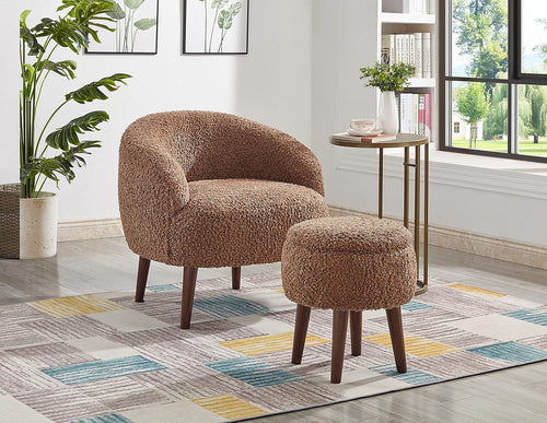 Liveasy Furniture Barrel Accent Chair with Ottoman Set, Sherpa Faux Fur – Dark Brown option – main product photo